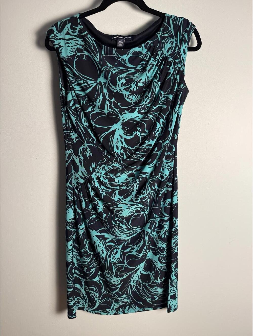 American Living Dress Teal Dark Blue Floral Sleeveless Pull On Ruching Midi 12